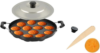 Satre Online Non-Stick Aluminium Appam Pan with Steel Lid, 12 Pits, Black & Silver