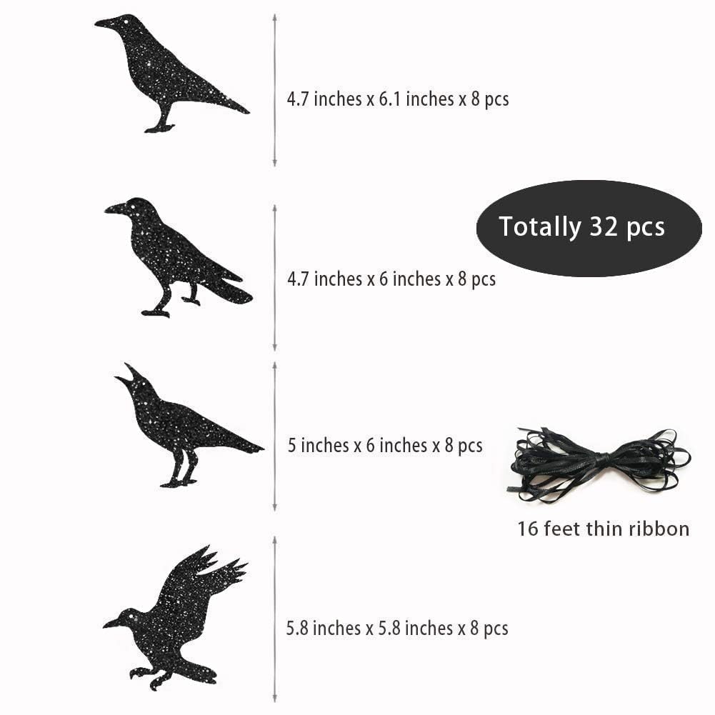Cheerland Glitter Black Crow Garland Halloween Decorations for Gothic Gatherings Emo Party Tree Hanging Decoration Bird Raven Banner Decal Backdrop Centerpiece for Theme Birthday Party Supplies