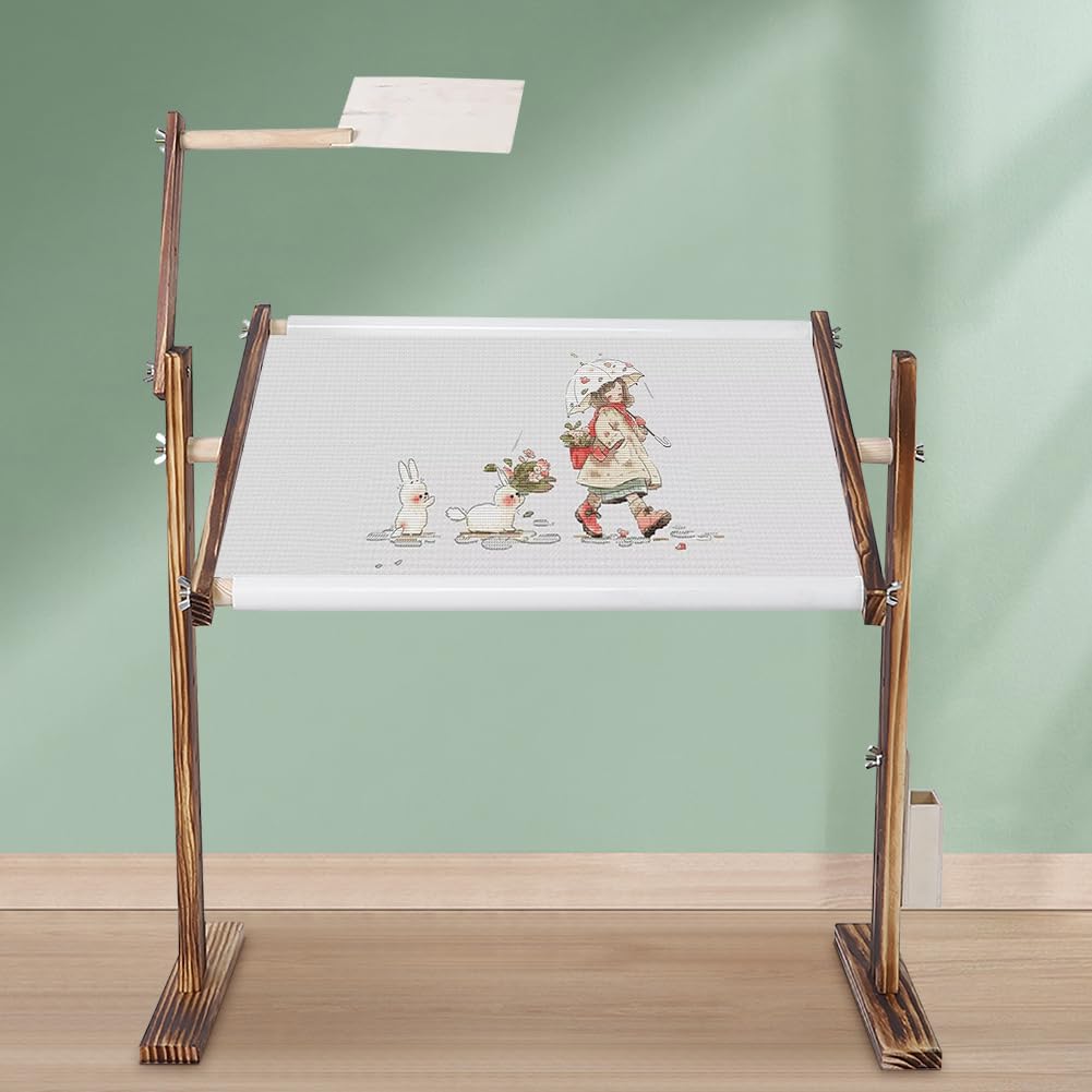 Adjustable Wooden Cross Stitch Frame Stand with Scroll Bar & Side Pocket - Pine Embroidery Desktop Holder for Sewing Craft Tools (120 Characters)