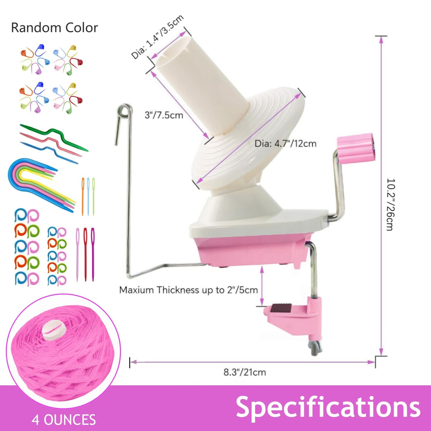 Ayasee Yarn Ball Winder, Yarn Winder for Crocheting Spinner Knitting Hand Operated Storage + 53 Pieces Stitch Knitting Needles + 1 Pieces Scissors (Pink)
