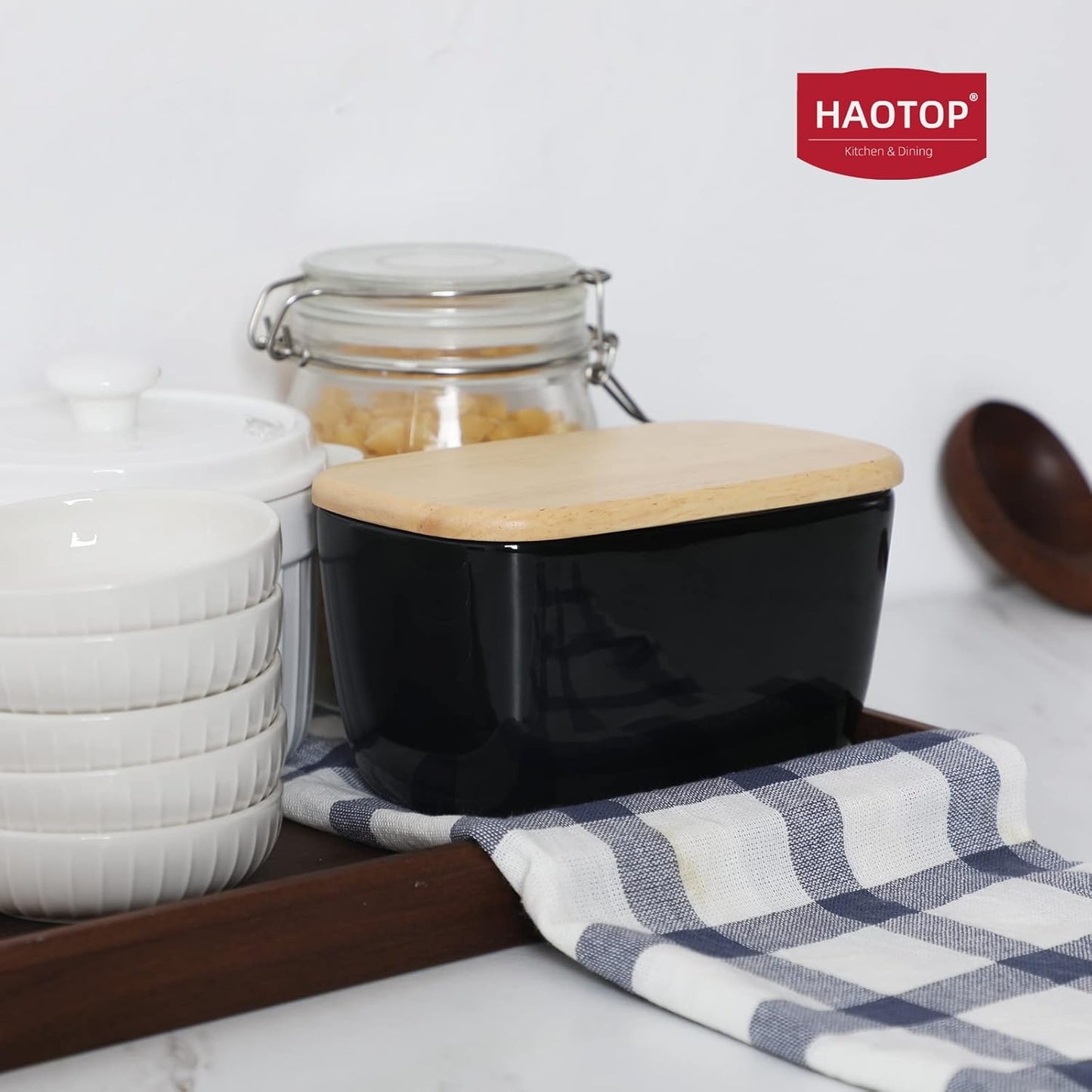 4 HAOTOP Porcelain Butter Dish Perfect for Sticks of Butter,Butter Container Large Ceramics Butter Holder with Lid