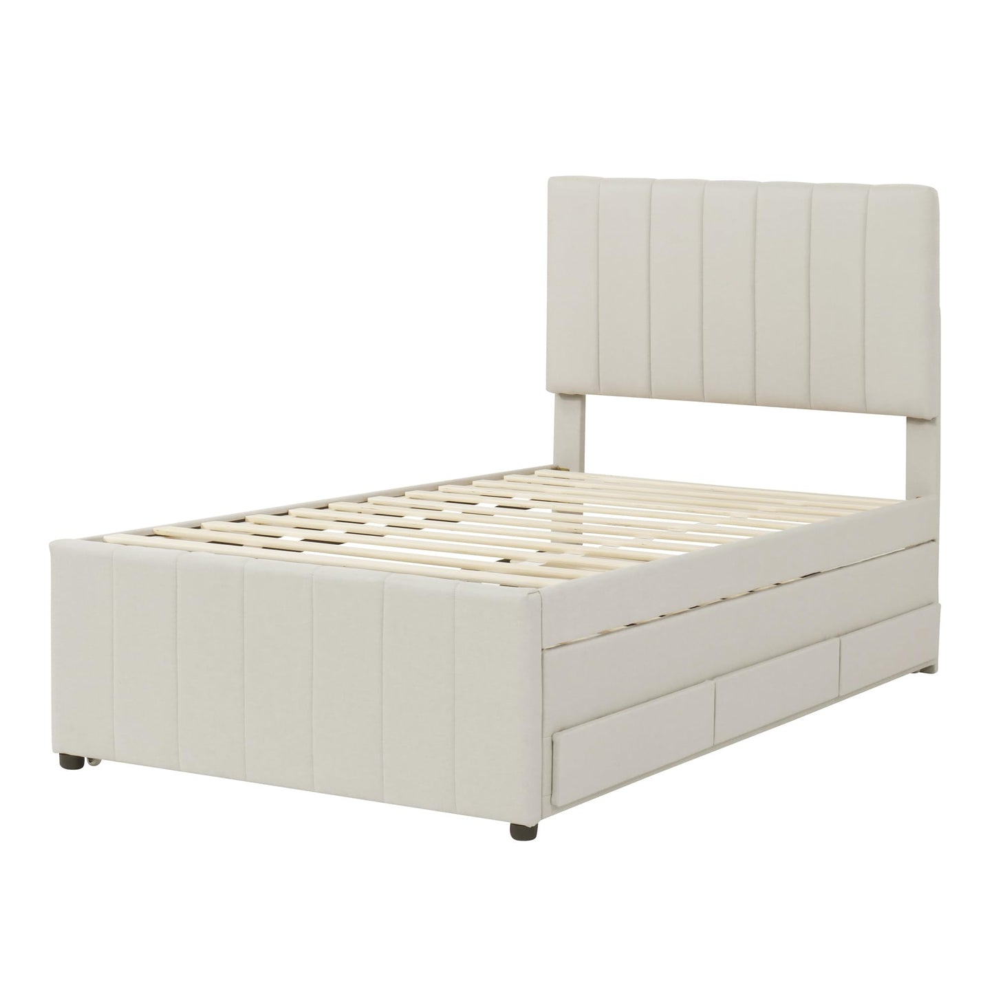 Merax Twin Size Bed Frame with Trundle and 3 Storage Drawers, Elegant Linen Upholstered Platform Bed with Stripe Headboard for Bedroom, Small Spaces, Solid Wood Slats Support, Easy Assembly, Beige