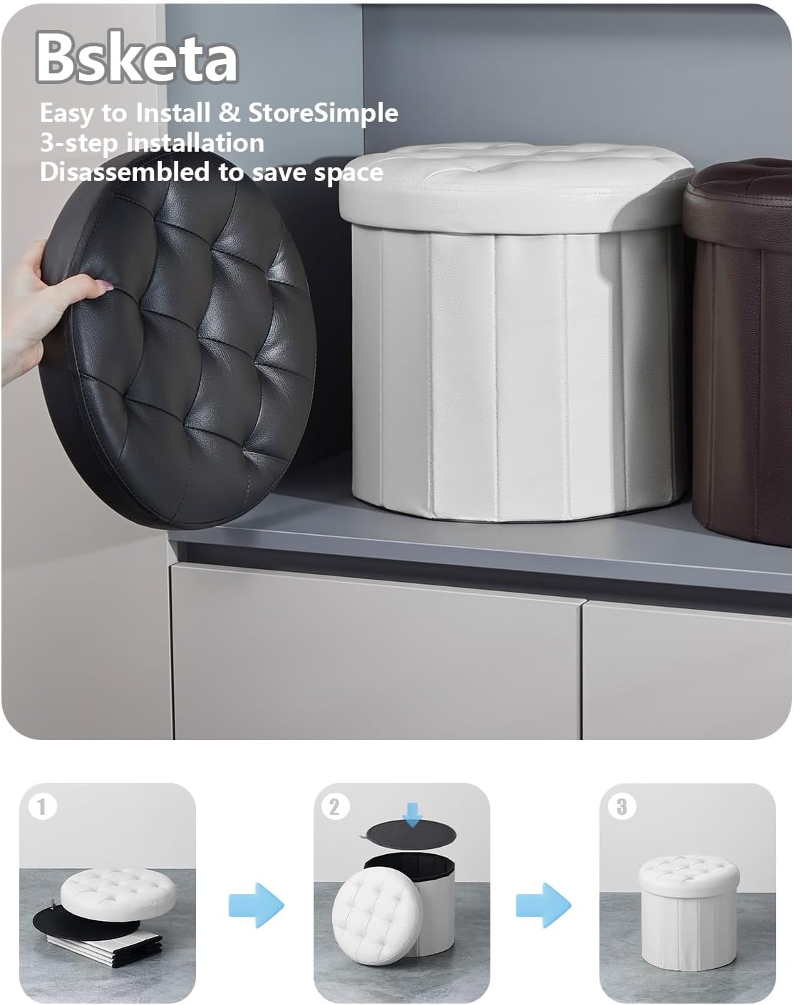 14" 14" 13"Inch, Bsketa Folding Storage Ottoman Round x x Foot Stool with Thicker Foam Padded Seat Small Leather
