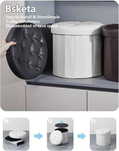 14" 14" 13"Inch, Bsketa Folding Storage Ottoman Round x x Foot Stool with Thicker Foam Padded Seat Small Leather