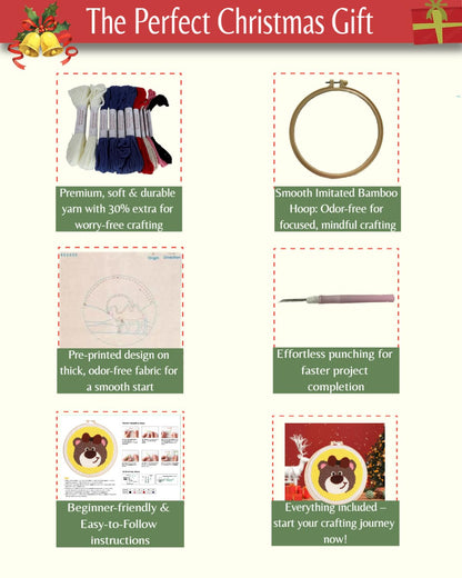 Fortilo Punch Needle Kit with Fabric | Hoop, Yarn, Step-by-Step Guide – Ideal Crafts for Adults, Home Decoration, Craft Activities (Bear)