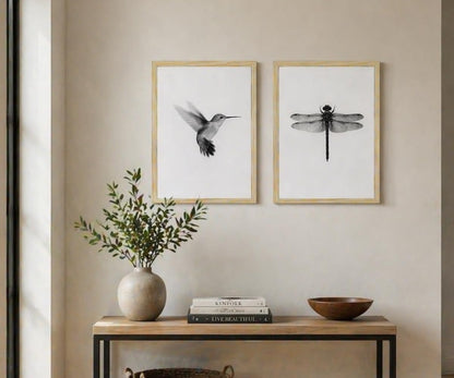 2pcs Black and White Minimalist Wall Art Modern Hummingbird Dragonfly Poster Print, Scandinavian Japandi Style Nature Picture Painting, Neutral Bedroom Living Room Wall Decor 12x16 Inches