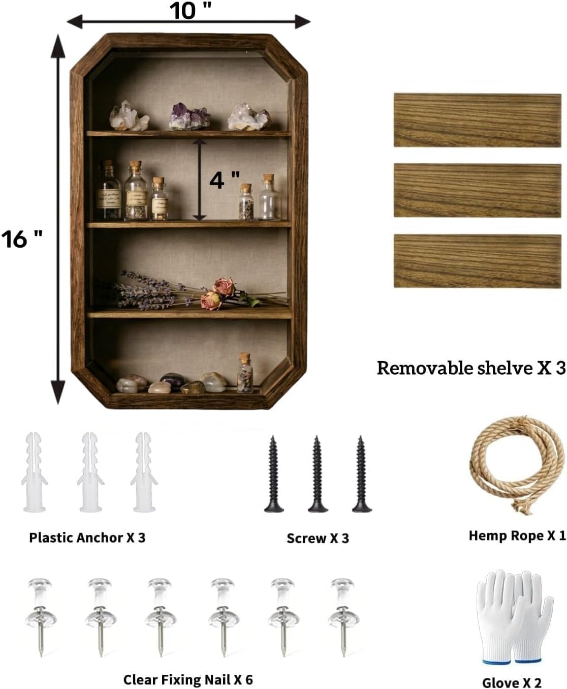 AMZWKT Shadow Box Frame, 10x16 Carbonized Brown Display Case with Linen Back & Detachable Shelves for Wedding Bouquet, Photos, Medals, Collectibles, Souvenirs & Home Wall Decor