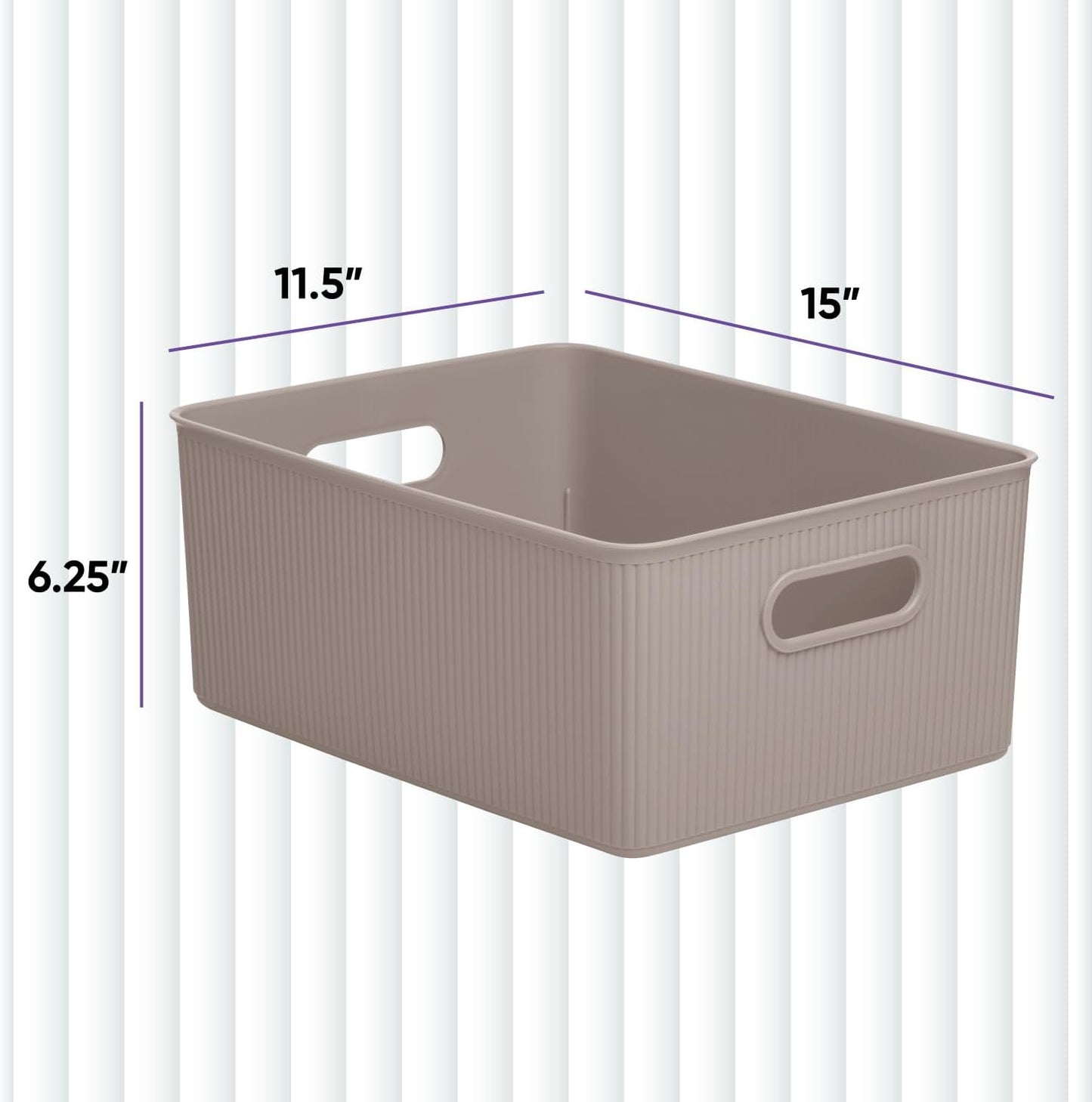 Superio Ribbed Collection - Decorative Plastic Open Storage Bins, Large Taupe (2 Pack), 15 Liter/16 Quart
