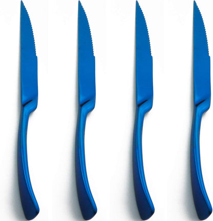 Stainless Steel Steak Knife Set, 4 Pc Blue Knives, Premium Mirror Polished Sharp Serrated Knives Set