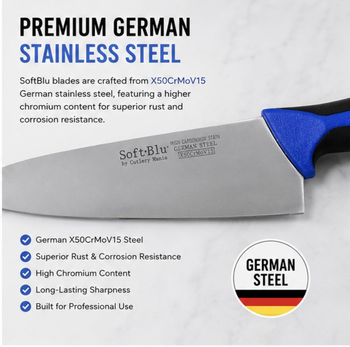Cutlery Mania SoftBlu Professional Kitchen Knifes, X50CrMoV15 German Stainless Steel, Non-Slip Soft Grip Handle (Chef, 8")