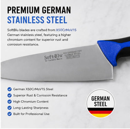 Cutlery Mania SoftBlu Professional Kitchen Knifes, X50CrMoV15 German Stainless Steel, Non-Slip Soft Grip Handle (Chef, 8")