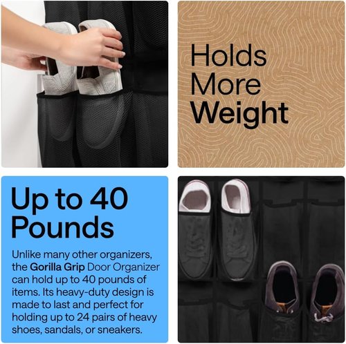 GORILLA GRIP Over The Door Shoe Organizer - 2 Pack With 24 Breathable Mesh Pockets | Space-Saving Storage Solution, Black