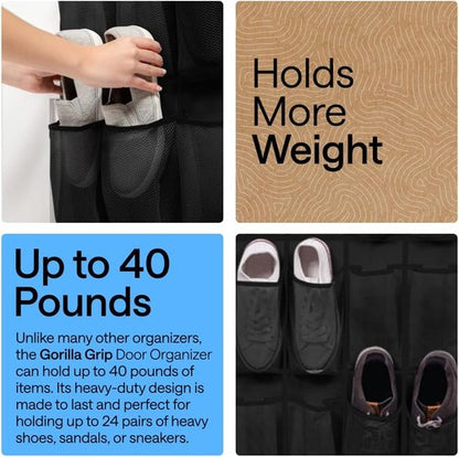 GORILLA GRIP Over The Door Shoe Organizer - 2 Pack With 24 Breathable Mesh Pockets | Space-Saving Storage Solution, Black