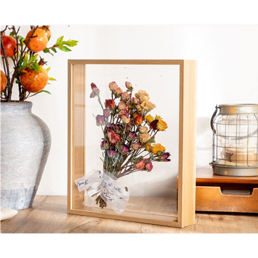 OUKEYI 8x10 Floating Frame in Light Oak,Double Glass Picture Frame Display Photo ，Wooden Dried Flower Photo Frame Dried Flower Display Stand Decorative Floating Photo Frame