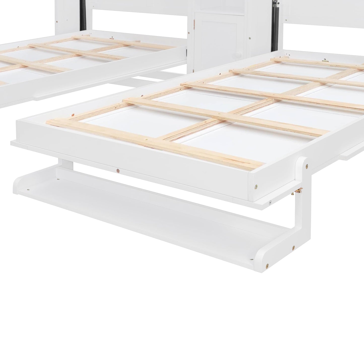 Merax Dual Twin Murphy Bed with Cabinets and Shelves, Space Saving Wall Bed with Storage, Foldable Twin Beds with Convertible Shelf Legs for Guest Room, Small Space, White