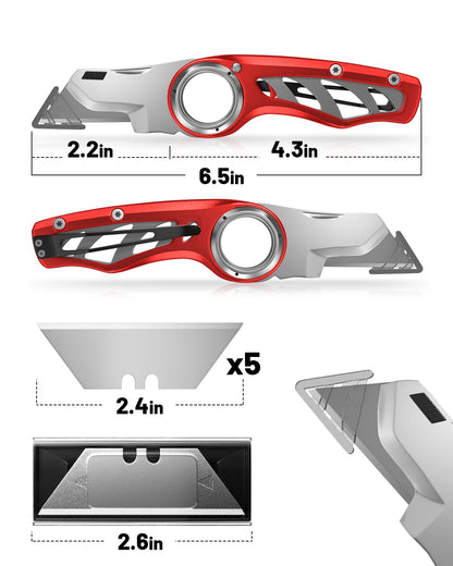 Folding Utility Knife Pocket Knife, Heavy-Duty Box Cutter with Anti Slip Finger Loop, Quick Change Blade Razor Knife, Box Cutters for Home, Office, Warehouse, Durable Razor Knife, Box Knife (Red)