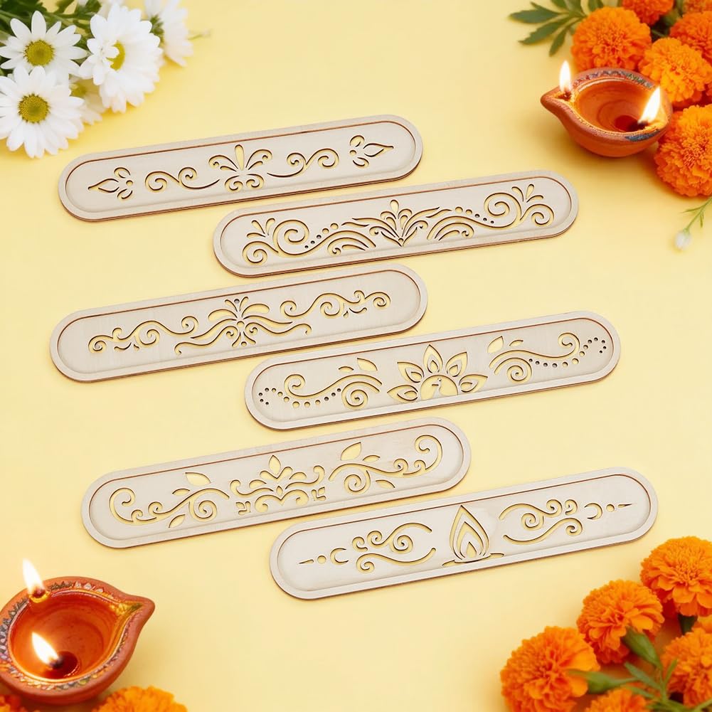 BENECREAT 6 Pack Wooden Diwali Rangoli Stencils for Painting, 6 Styles Mandala Stencils for Home Decor DIY Art Projects, 11.8x2.4 Inch