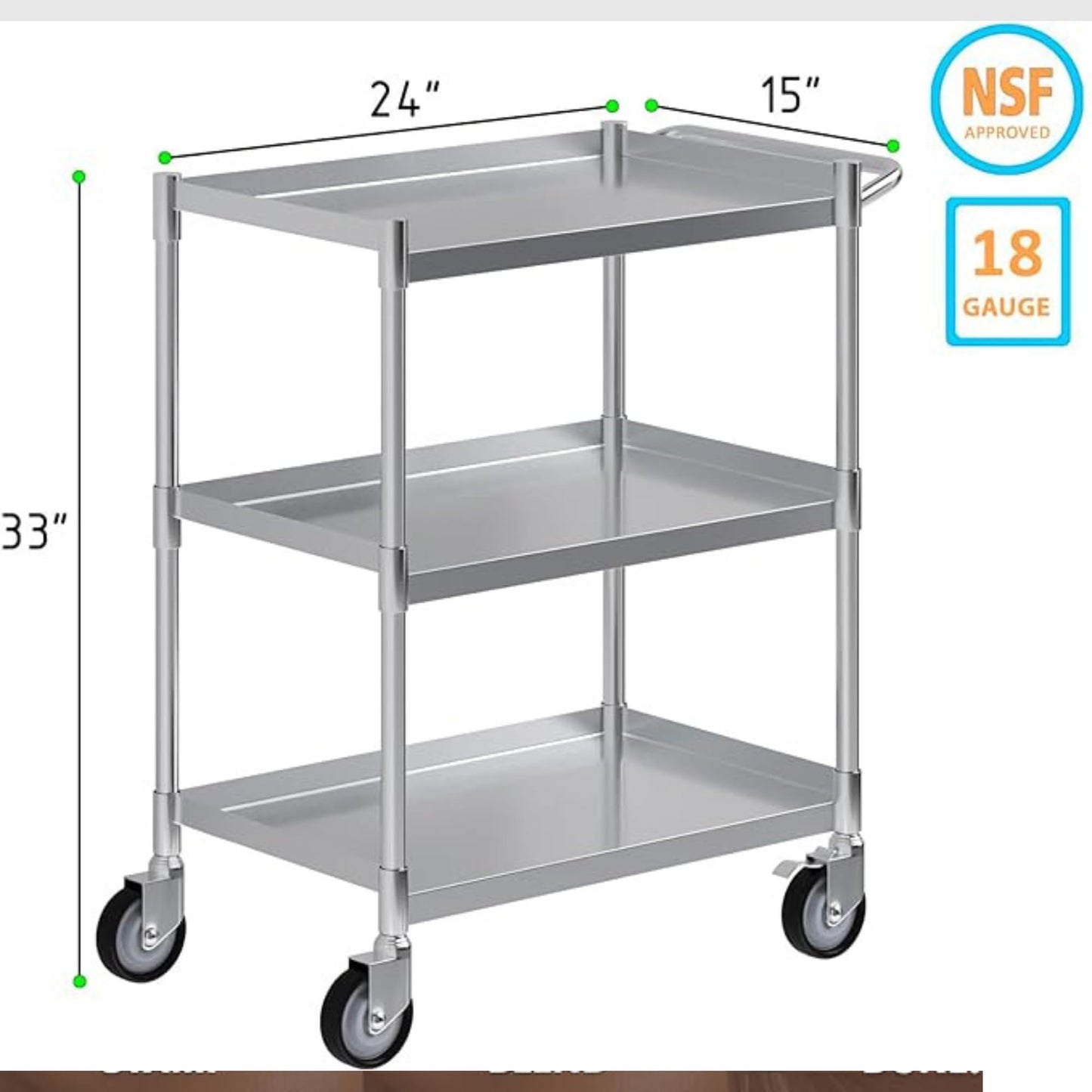 3 Shelf Stainless Steel Tubular Utility Cart | Metal Utility Cart on Wheels with Handle | NSF Certified | (15" Wide X 24" Long X 33" High)