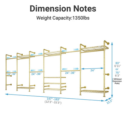 Timate F6 Wall Mounted Clothes Rack - Expandable Industrial Pipe Closet System, Heavy Duty Hanging Garment Rack, Closet Organizer & Storage Solution for Wardrobe, Bedroom,Walk-in Closets,Gold
