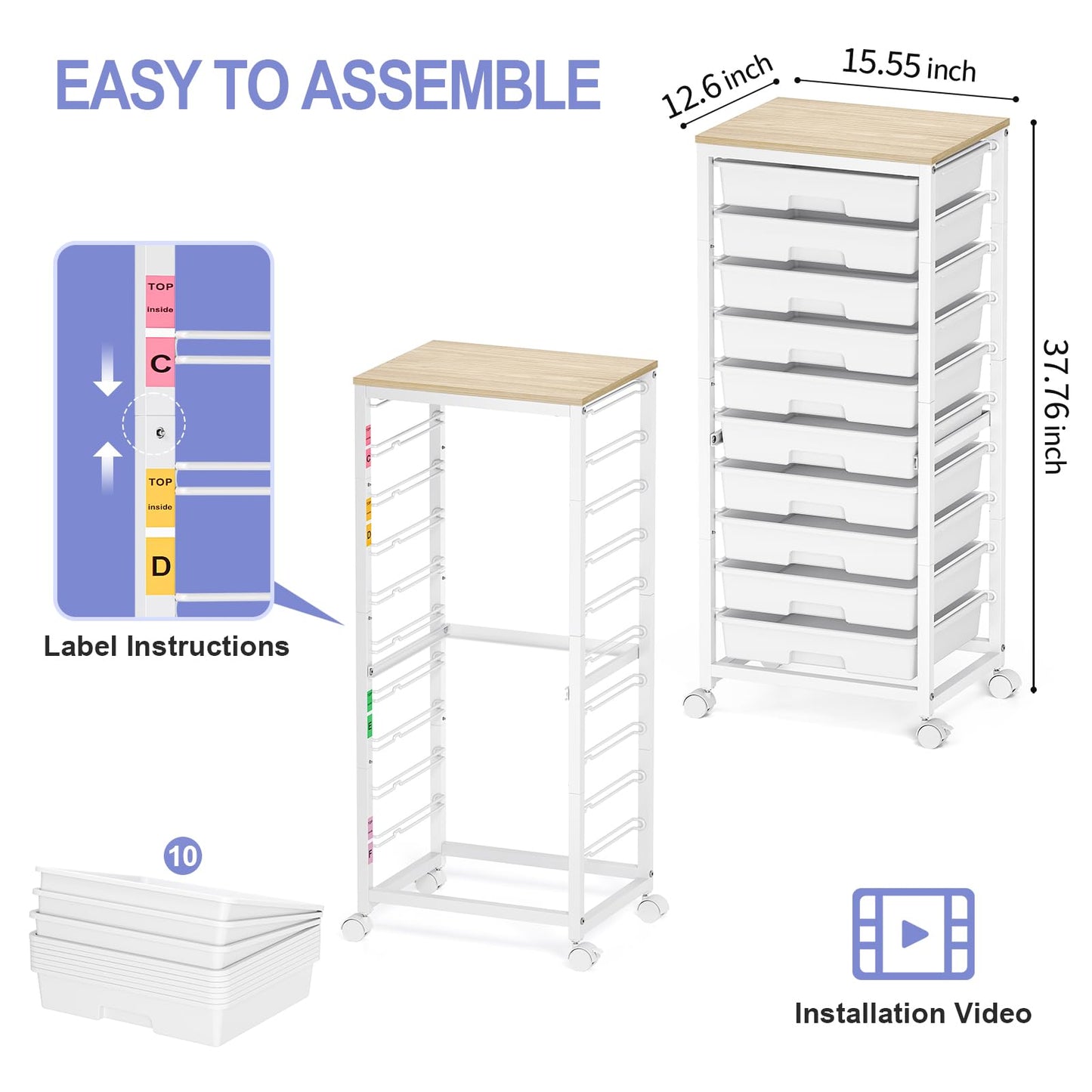 SYKIARIOL Rolling Cart with Drawers,10 Drawer Rolling Cart,Storage Cart with Wheels,Utility Cart with Drawers,Teacher Cart for Classroom Storage,Craft Cart with Wheels and Wooden Tabletop,White