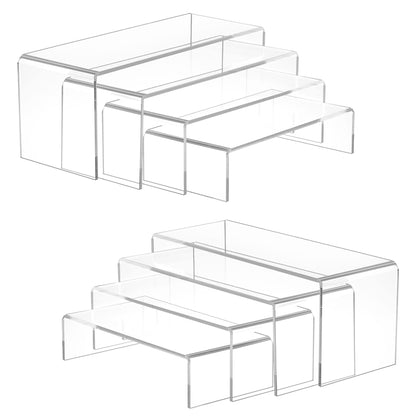 Albumgit Acrylic Display Risers, 8 Pieces Clear Rectangular Tabletop Display Stand for Amiibo Funko POP Figures, Collectibles Jewelry Food Cupcake Dessert Risers Shelf for Decoration and Organizer