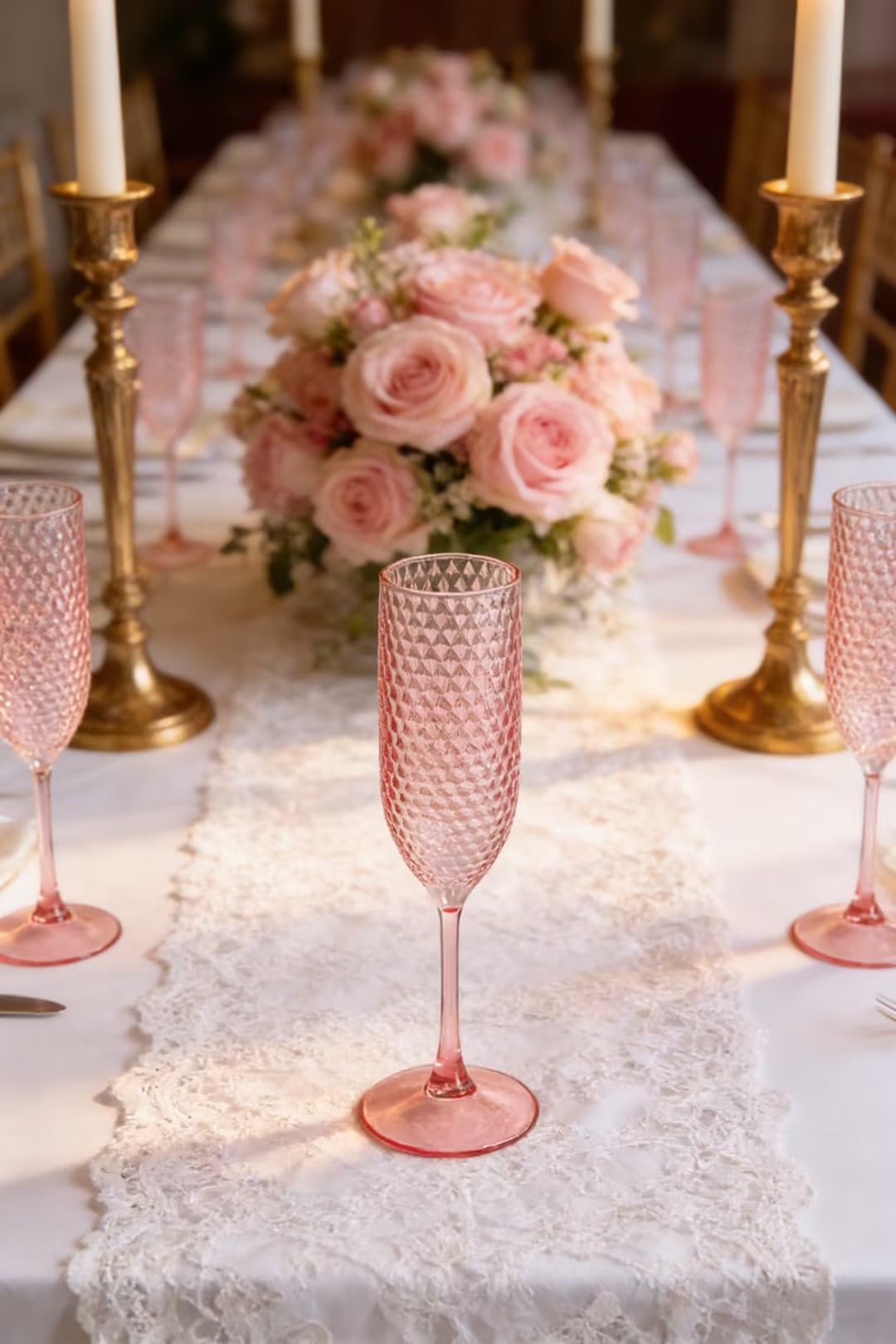 Pesonlook 48 Pack Plastic Champagne Glasses Pink Reusable Diamond Crystal Clear Wine Glasses Diamond Wine Cups Vintage Drinking Glasses for Wedding Reception, Grand Event Party Supplies