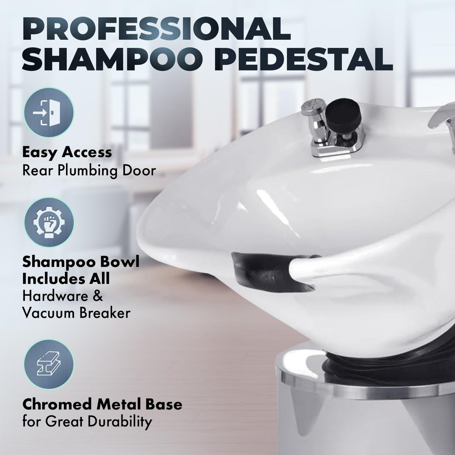 Buy-Rite Paris Pedestal Shampoo Unit with stainless steel base, white tilting porcelain bowl, faucet, spray hose, drain, and vacuum breaker – durable professional salon equipment.