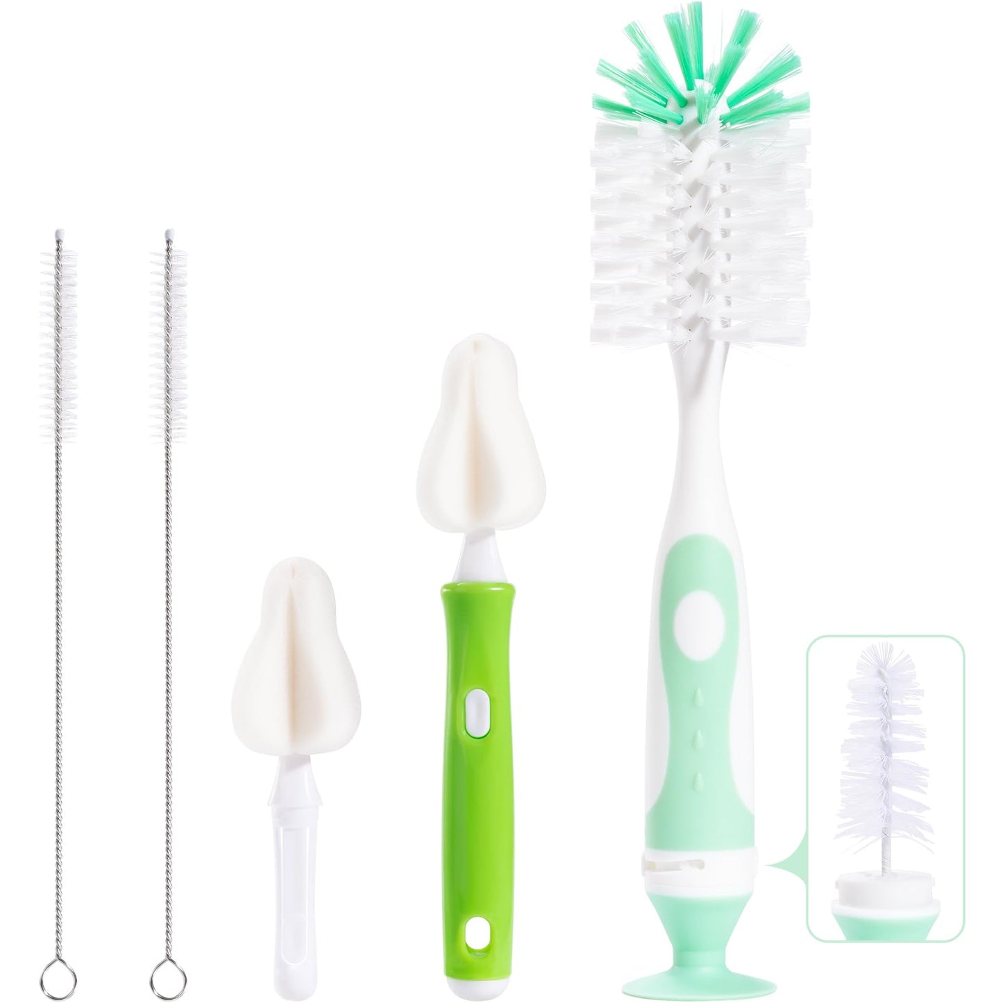 Baby Bottle Brush with One Base Hidden Nylon Nipple Cleaner, Stand Suction Cup,2 Pack Straw Brushes,1 Pack Sponge Nipple,1 Piece Replacement Head, Green