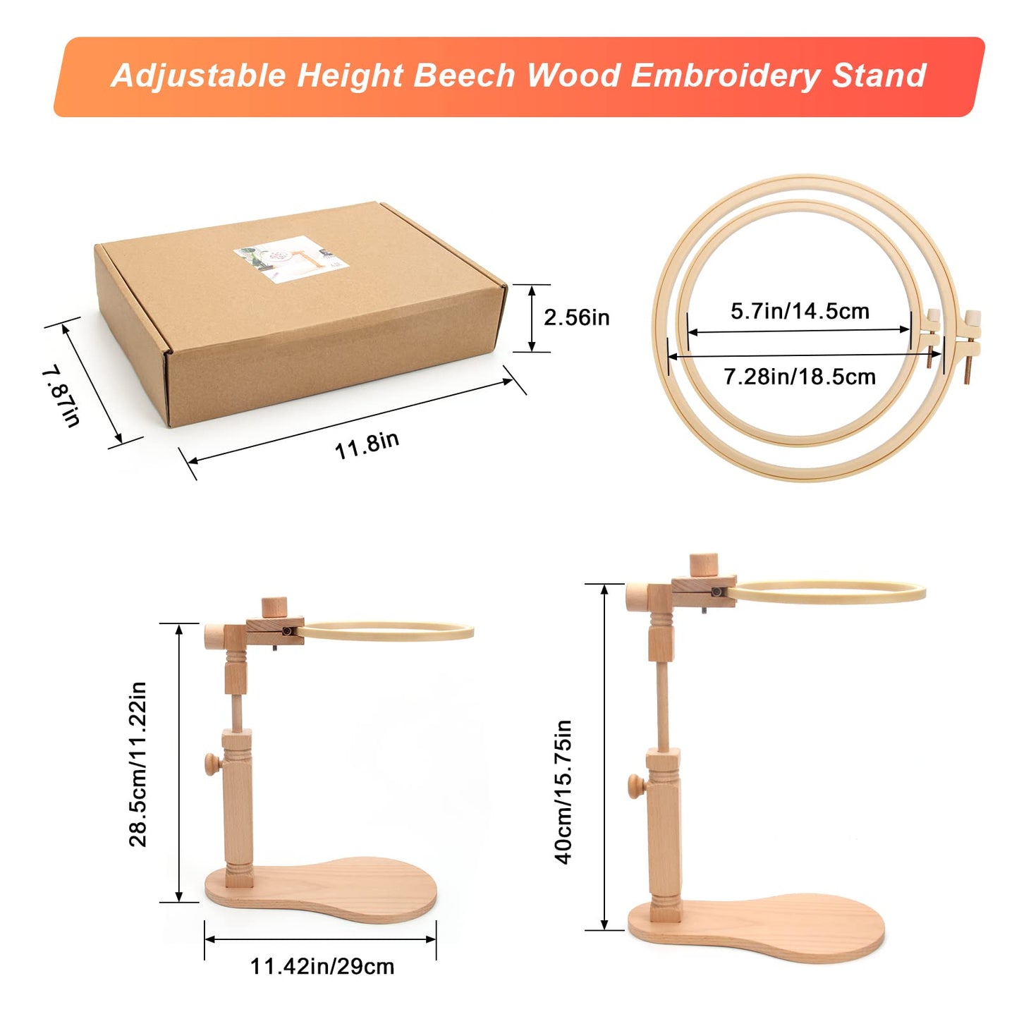 Catcan Embroidery Hoop Stand with 2 PCS 7'' 5'' Embroidery Hoops, Adjustable Rotated Wooden Cross Stitch Hoop Stand, Hands Free Embroidery Hoop Holder for Arts Crafts Sewing Embroidery Project