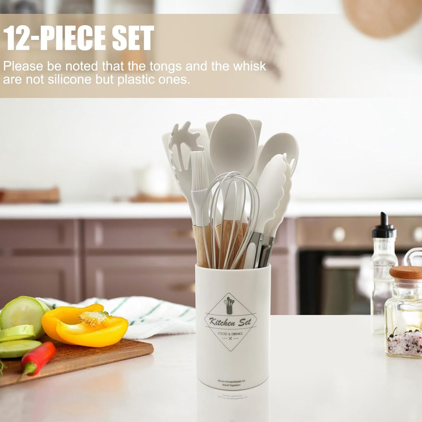 Kitchen Utensils Set of 12, Silicone Cooking Utensils with Wooden Handle and Organizer Bucket, Heat Resistant (Cream