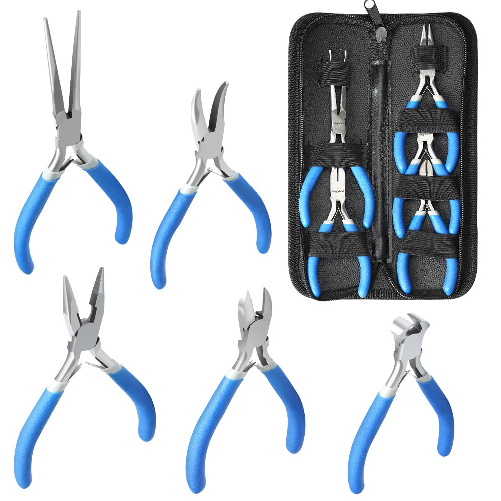 LIFEGOO 5 Pieces Mini Pliers Set – Durable Precision Tool Kit for Crafts, Jewelry & DIY, Includes Long Needle Nose, Bent Nose, Diagonal, End Cutting, Nipper (Blue)