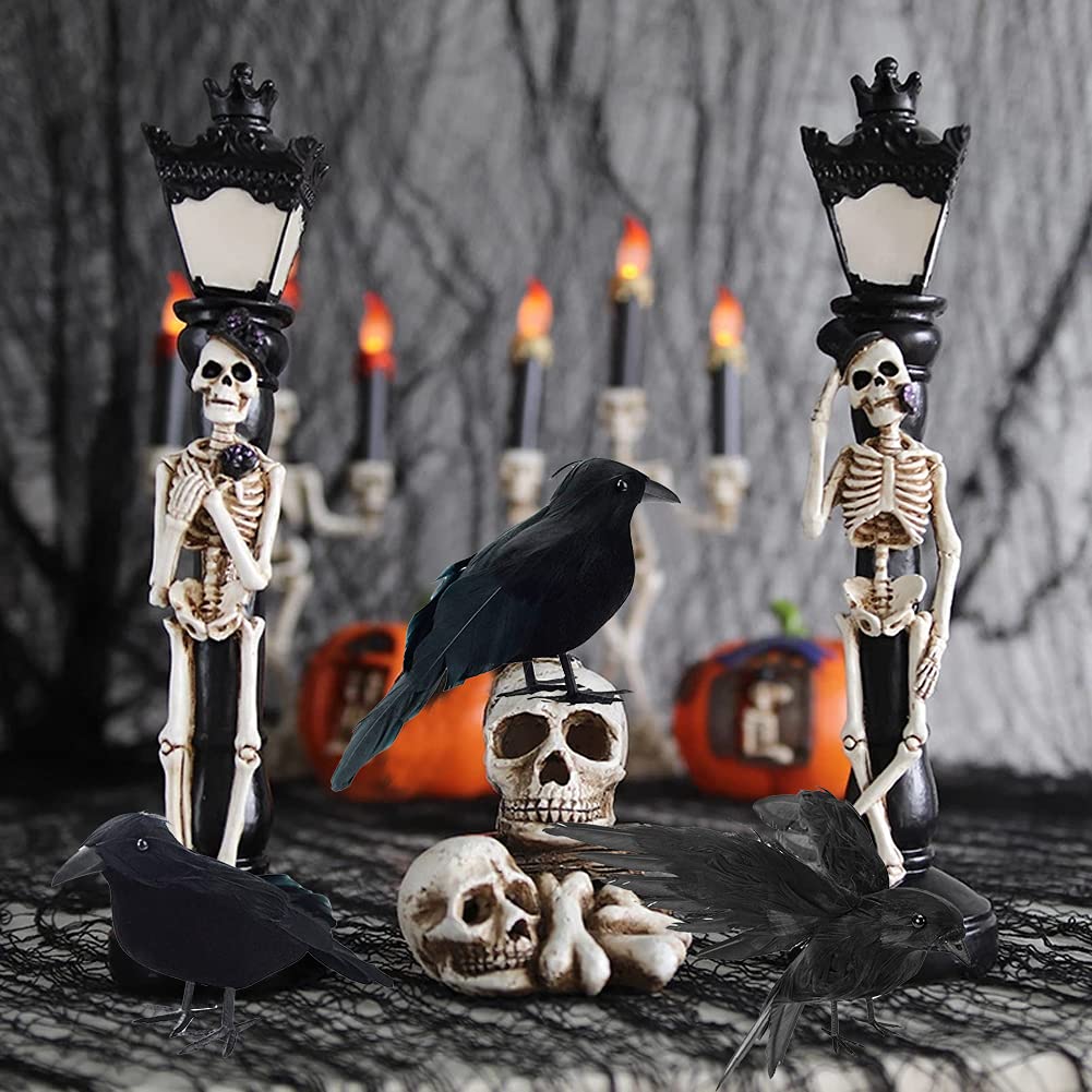 6 Pieces Halloween Black Feathered Crows - Realistic Handmade Ravens for Indoor Outdoor Decoration, 3 Styles