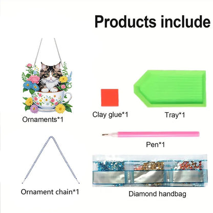 POETRYDRAW DIY Hanging Diamond Art Pendant Kit Flower Cup Cat, Special Crystal Acrylic Diamonds Painting Ornament for Adults, 5D Diamond Art Suncatchers Gem Painting Box Kit