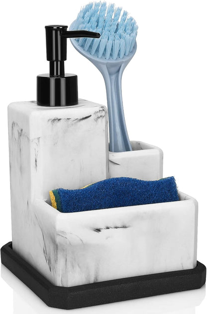 LeucSuiok 3 1 Soap Dispenser with Sponge Holder and Brush Holder,White Marble in Liquid Hand Dish Soap Dispenser