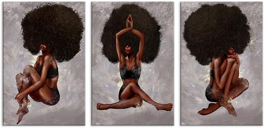 African American Wall Art - Yoga Women Natural Curly Hair Beauty Painting on Canvas