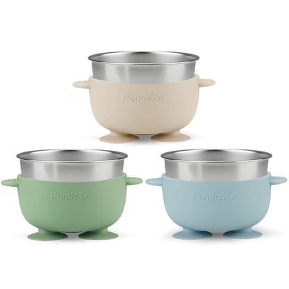 PandaEar 3 Pack Stainless Steel Baby Suction Bowls, Non-Slip Child Food Bowl with Silicone Sleeve for Kids Toddlers Infants, Unbreakable & Mess Free (Blue Green Beige)