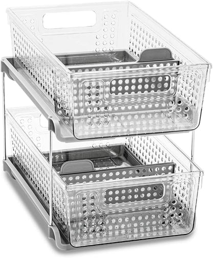 madesmart 2-Tier Multi-Purpose Slide-Out Storage Organizer with Handles and Dividers, BPA Free, Clear, Pack of 1