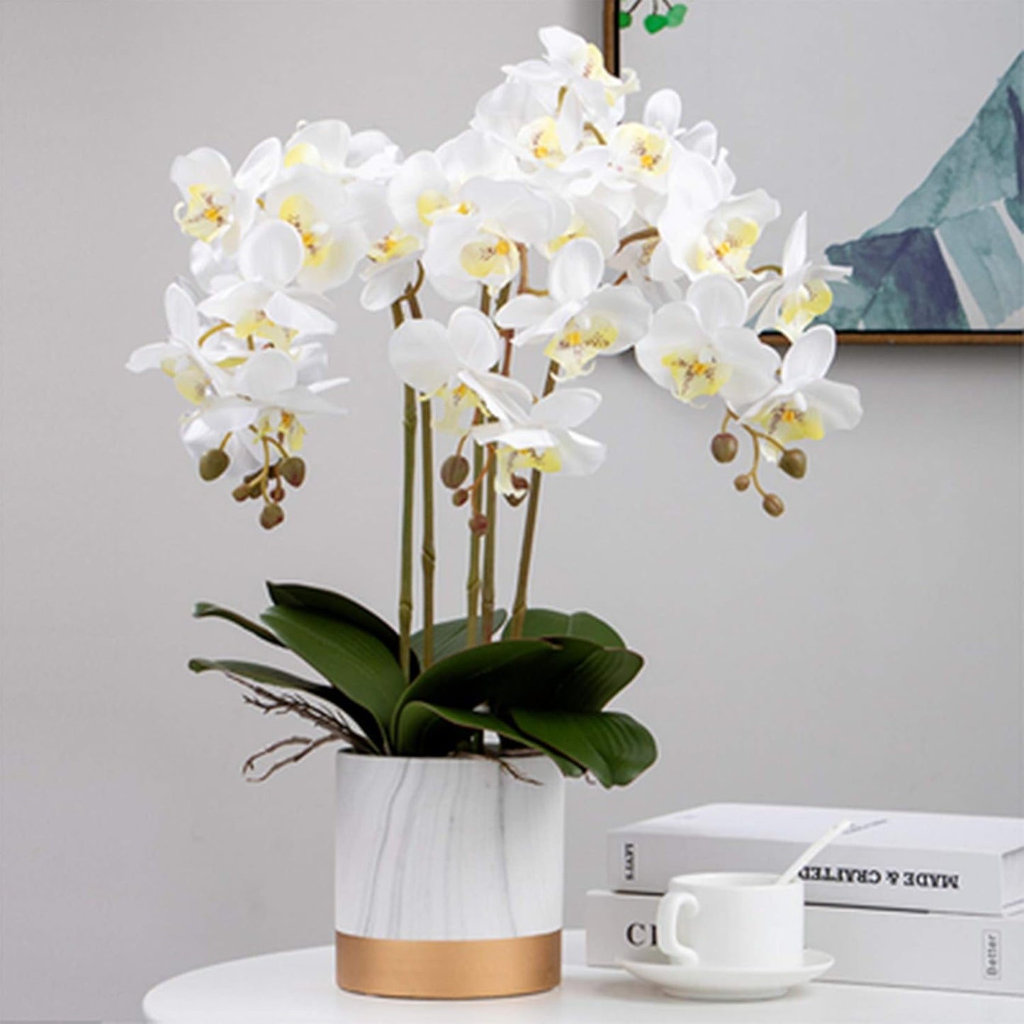 FagusHome 32" Artificial Phalaenopsis Flowers, 6 Pcs with 4 Bundles Leaves for Home Décor