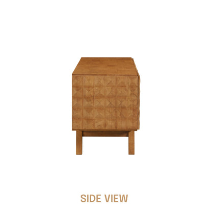 NTC Sapa Mid-Century Modern Solid Wood TV Stand 4-Door Media Console with Carved Geometric Fronts for TVs up to 75", Effortless Assembly, Teak Look