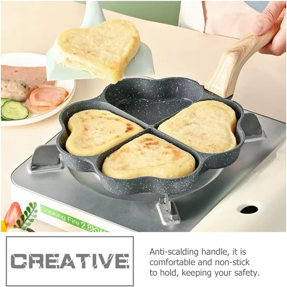 Hemoton Heart Shape Egg Frying Pan, Aluminum Non Stick Skillet with Wooden Handle for Omelets, Pancakes, and Breakfast