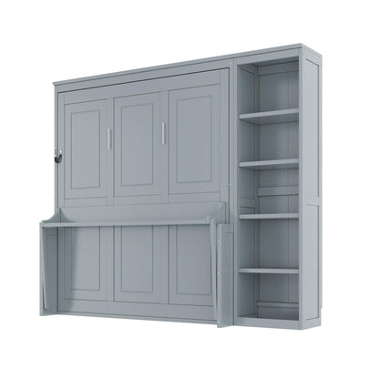Ball & Cast Murphy Bed Chest Full Size,Hideaway Wall Bedframe with Desk and Bookshelf,Space Saving Cabinet Bed w/Shelf,Slat Support,can be Folded,Bedroom Furniture for Small Space,Gray
