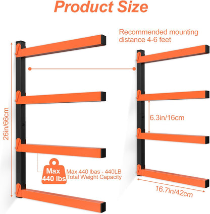 NANANARDOSO Wall Mount Wood Organizer - Heavy-Duty Metal Shelf with 4 Levels | 2-Pack Lumber Racks for Indoor/Outdoor Use