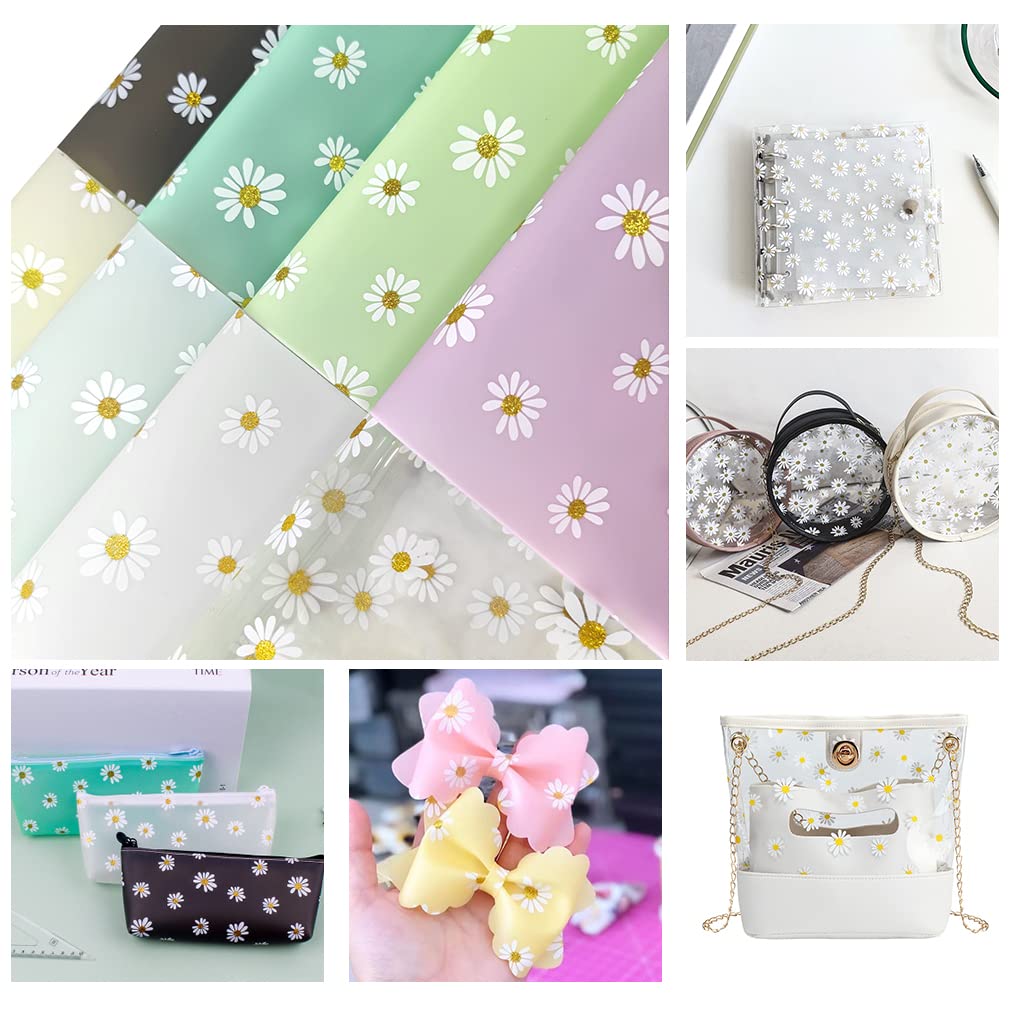 XHT 8 Pcs Daisy Jelly Vinyl, 21cmx30cm Waterproof Transluscent Glitter Flower Printed TPU Film for Pouches Keychains Jewelry Making