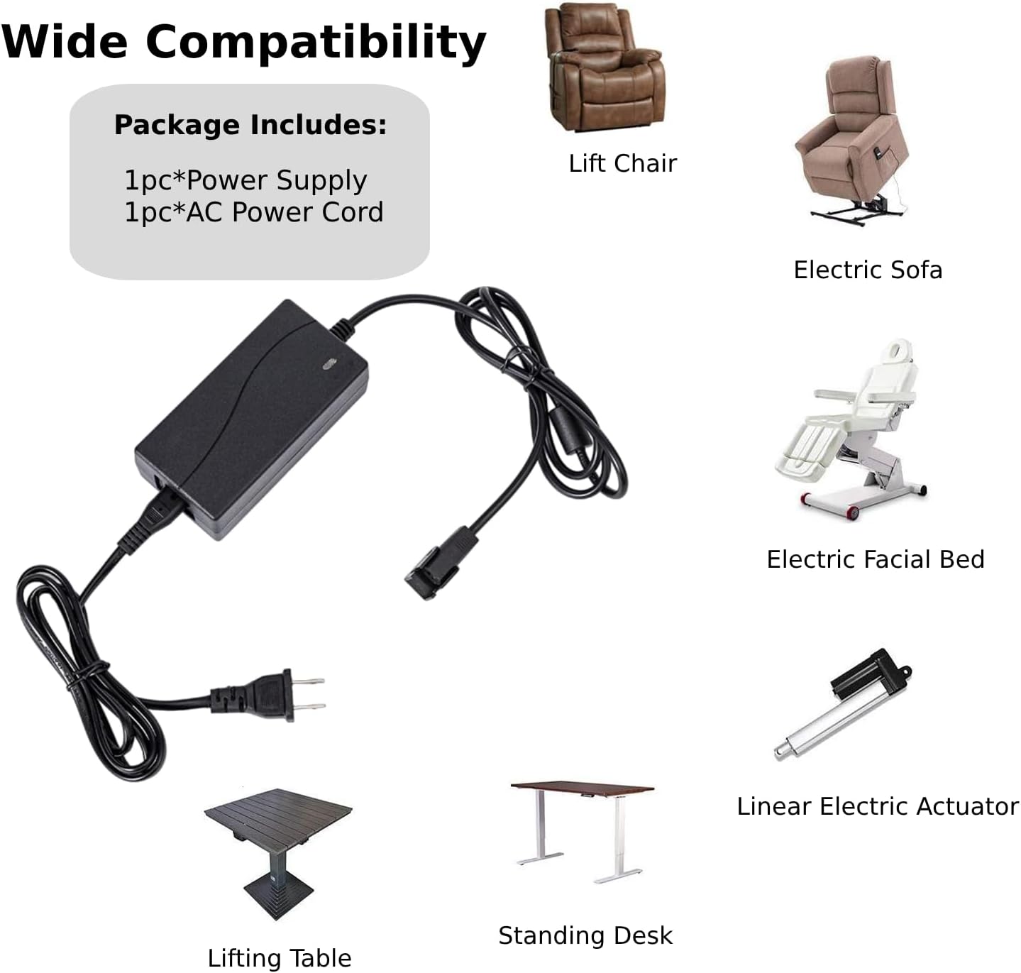 Universal Power Recliner Power Supply Adapter, 29V 2A 2 Pin AC/DC for Electric Recliner, Couch, Lift Chair