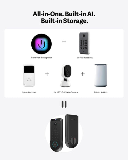Lockin Veno Plus Smart Lock with 2K 180° Security Camera & Video Doorbell, AI Local Storage, Palm Vein/Fingerprint Keyless Entry Door Lock, Smart Locks for Front Door Bulit in Wi-Fi, App Control