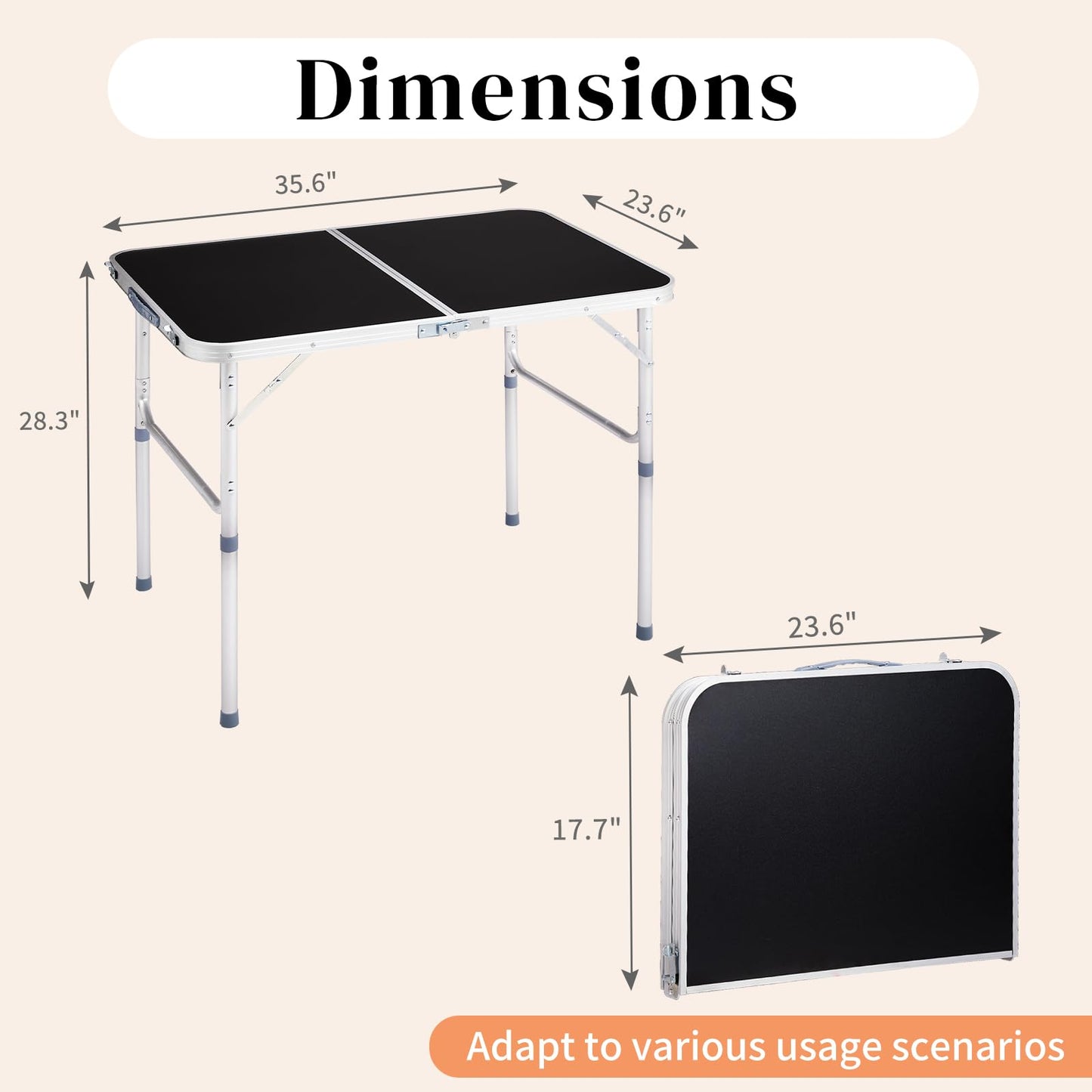 EDWINENE 3 Feet Small Folding Table with Adjustable Height, Lightweight Portable Utility Table for Travel Picnic BBQ Fishing RV Car Tailgate Camping Beach Outdoor Essentials, MDF Tabletop, Black 5Pcs