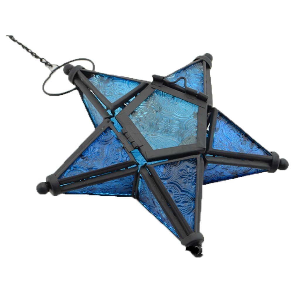 Stunning Star Glass Votive Tea Light Candle Holder Hanging Lighting Lantern Wedding Birthday Party Home Garden Decoration (Blue)