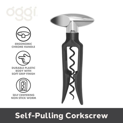 OGGI Wine Bottle Opener, Self Pulling Corkscrew - Self-Centering Non-Stick Wine Opener Cork Screwer, Effortless Wine Corker - Black 8.5"