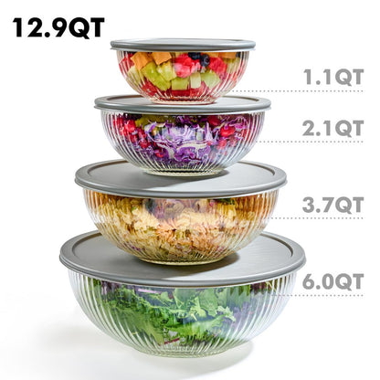 8pc Ribbed Glass Mixing Bowls with Leakproof Airtight Lids - BPA-Free Meal Prep Stackable Space Saving Nesting, Kitchen Baking Food Storage & Serving Containers - Microwave, Freezer, Dishwasher Safe.