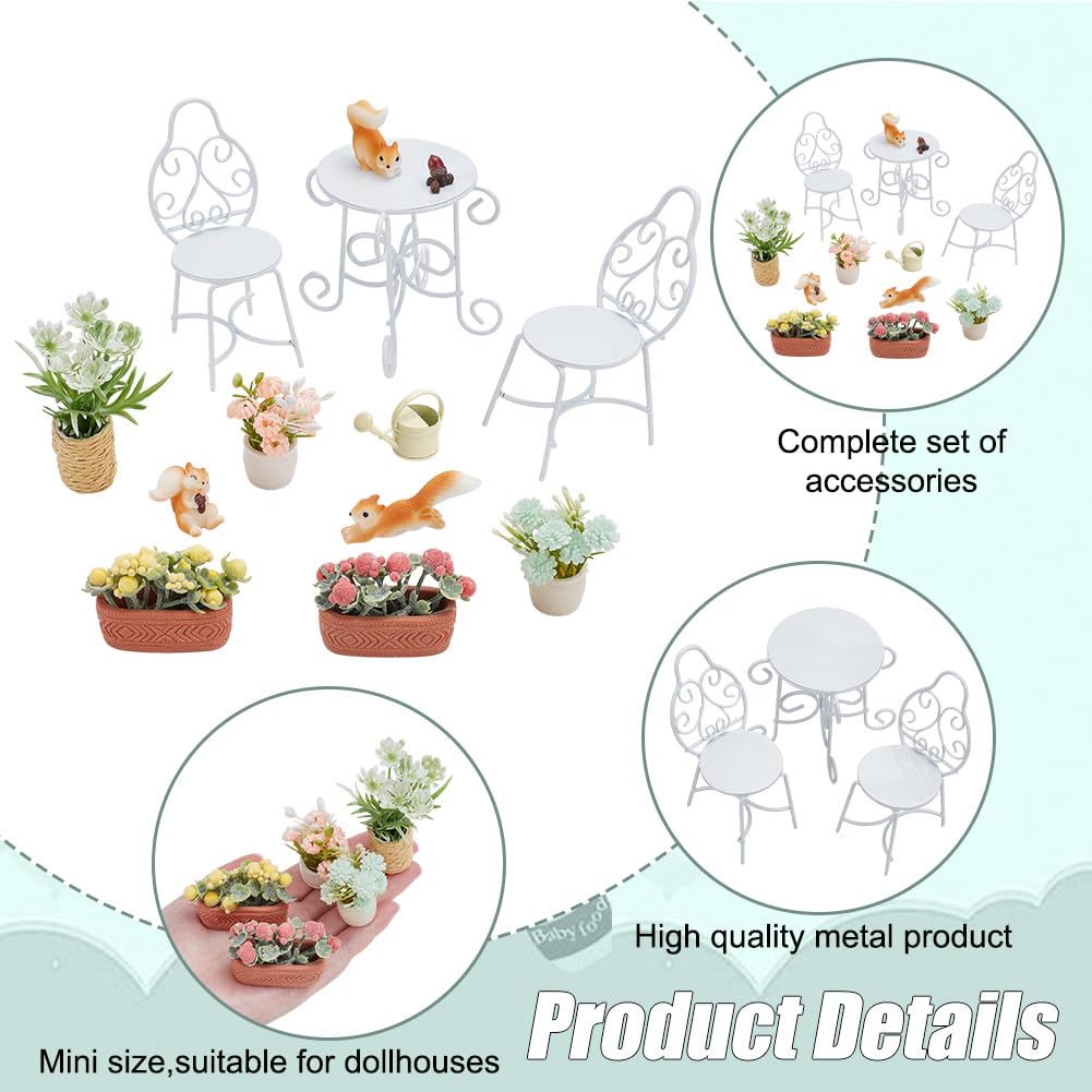FREEBLOSS 13Pcs Dollhouse Furniture Set Miniature Patio Set with Mini Table Chairs Garden Plants Mini Squirrels Decor Doll House Furniture and Accessories Set
